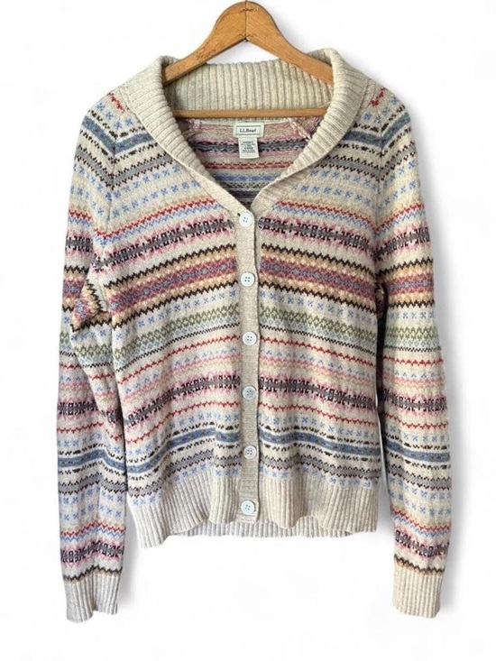 L.L. Bean Sweaters - L.L. Bean Cream Fair Isle Button-Up Cardigan with Multicolor Stripes